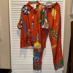 Women's Red Botanical Print Pajama Set with Relaxed Button Front